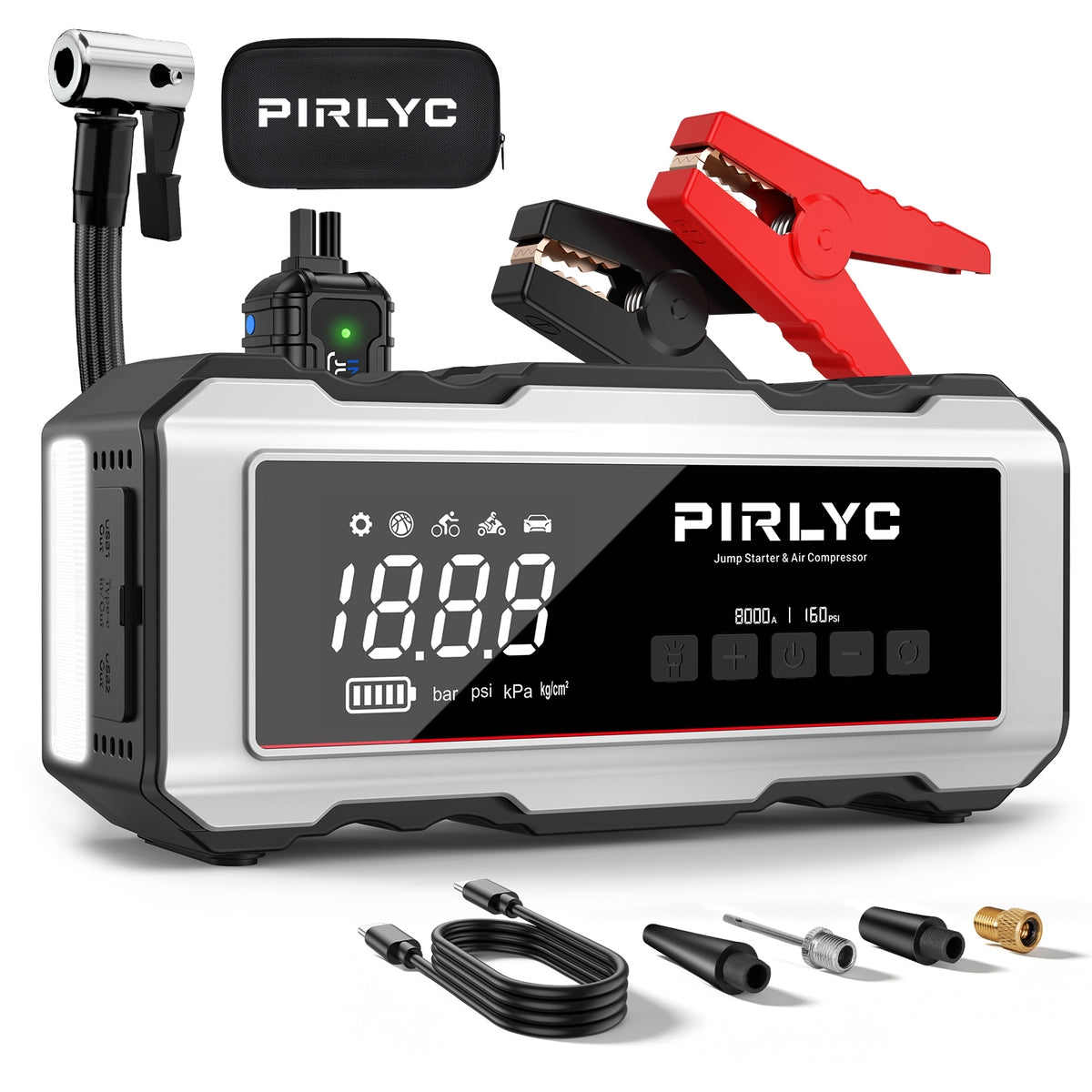 8000A Portable Car Battery Jump Starter with Air Compressor, 160 PSI | 12V Jump Box for All Gas/12L Diesel, Force Start, Auto Shut-Off Tire Inflator, 65W PD Fast Charging, 800-Lumen LED Flashlight