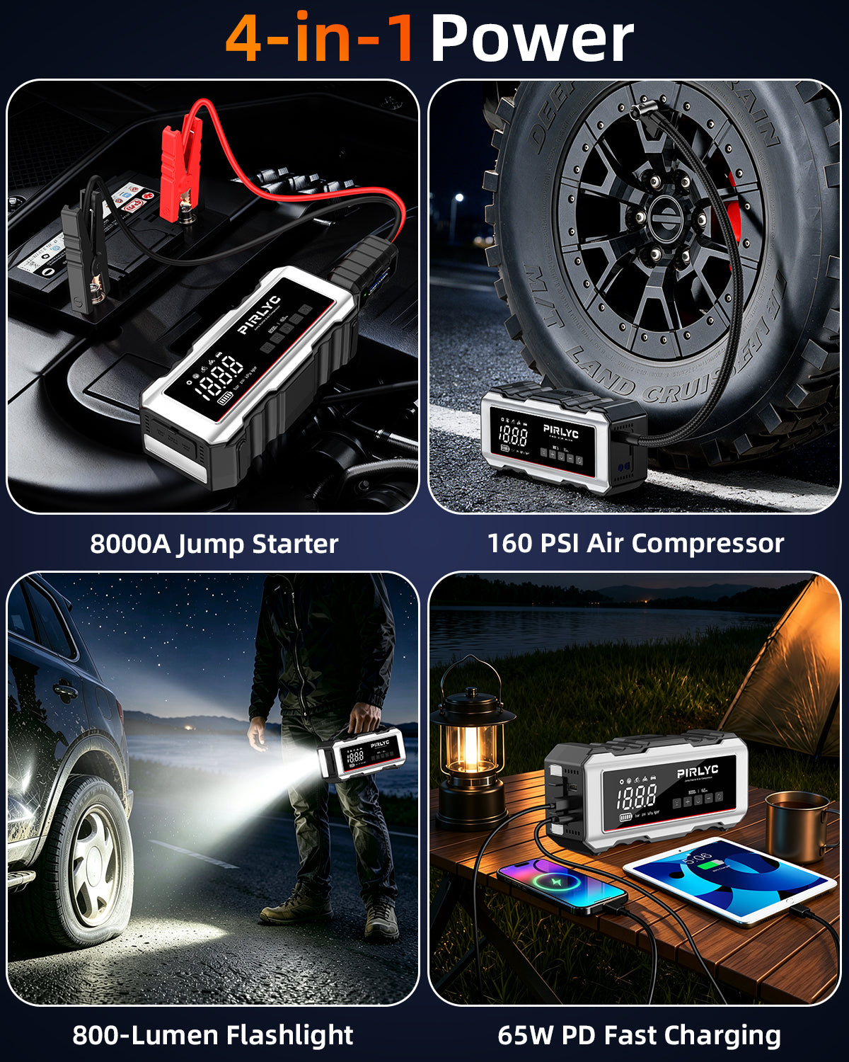 8000A Portable Car Battery Jump Starter with Air Compressor, 160 PSI | 12V Jump Box for All Gas/12L Diesel, Force Start, Auto Shut-Off Tire Inflator, 65W PD Fast Charging, 800-Lumen LED Flashlight