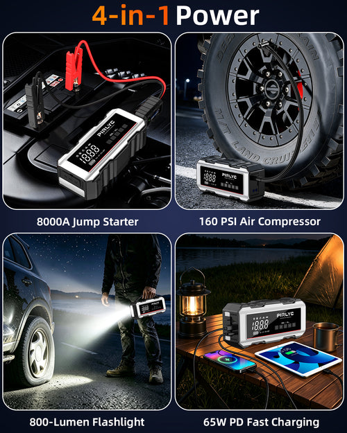 8000A Portable Car Battery Jump Starter with Air Compressor, 160 PSI | 12V Jump Box for All Gas/12L Diesel, Force Start, Auto Shut-Off Tire Inflator, 65W PD Fast Charging, 800-Lumen LED Flashlight