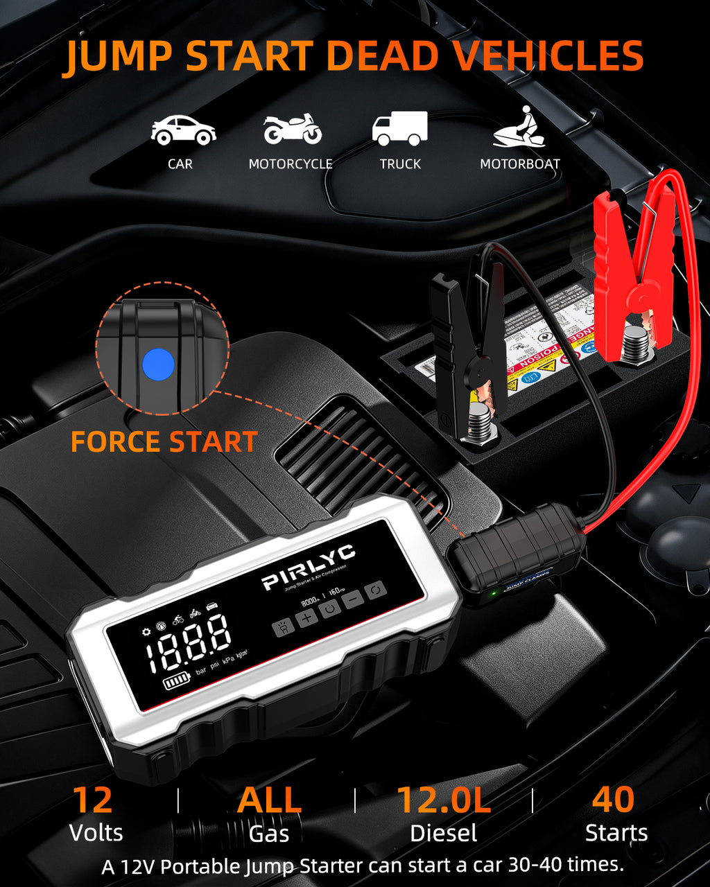 8000A Portable Car Battery Jump Starter with Air Compressor, 160 PSI | 12V Jump Box for All Gas/12L Diesel, Force Start, Auto Shut-Off Tire Inflator, 65W PD Fast Charging, 800-Lumen LED Flashlight