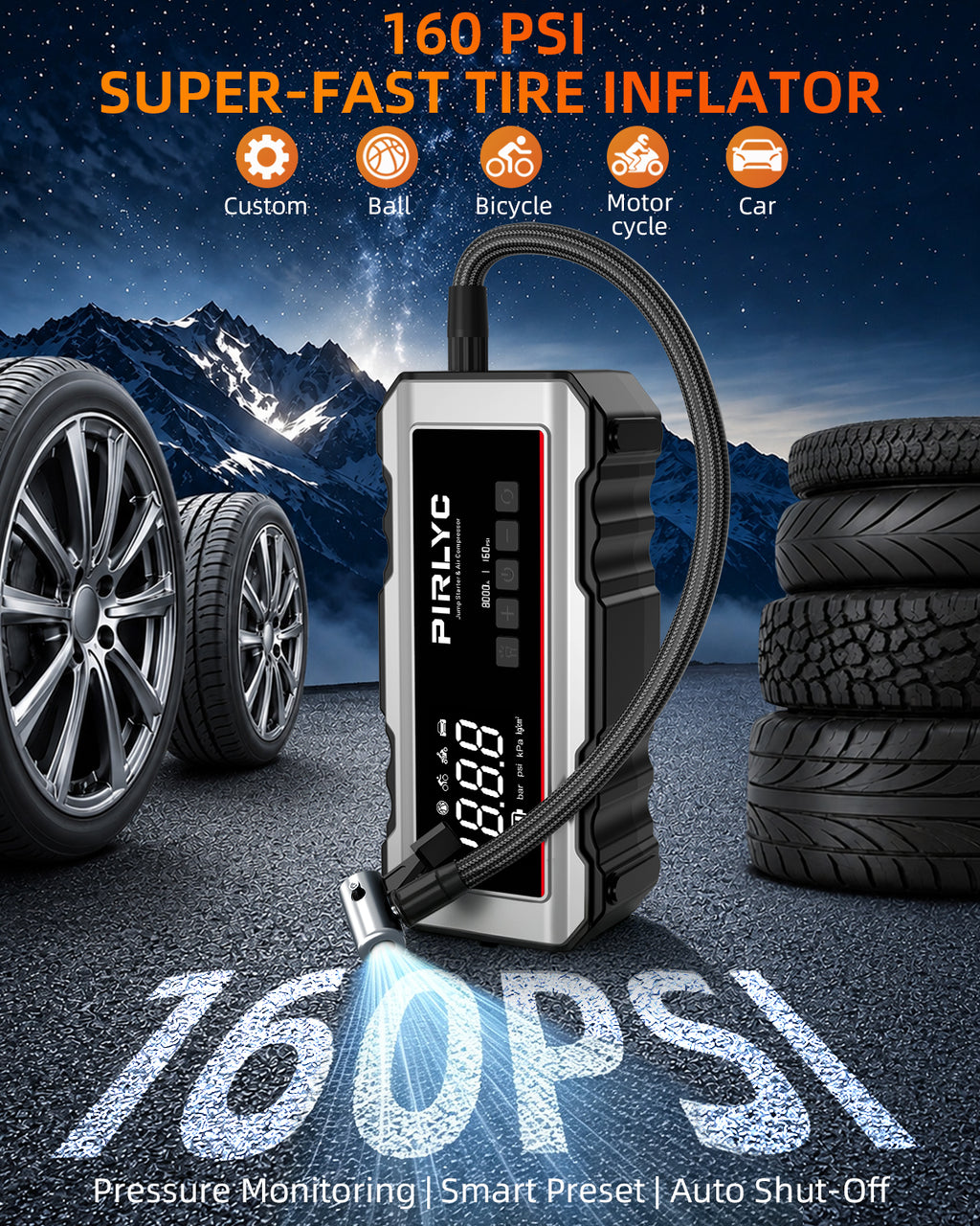 8000A Portable Car Battery Jump Starter with Air Compressor, 160 PSI | 12V Jump Box for All Gas/12L Diesel, Force Start, Auto Shut-Off Tire Inflator, 65W PD Fast Charging, 800-Lumen LED Flashlight