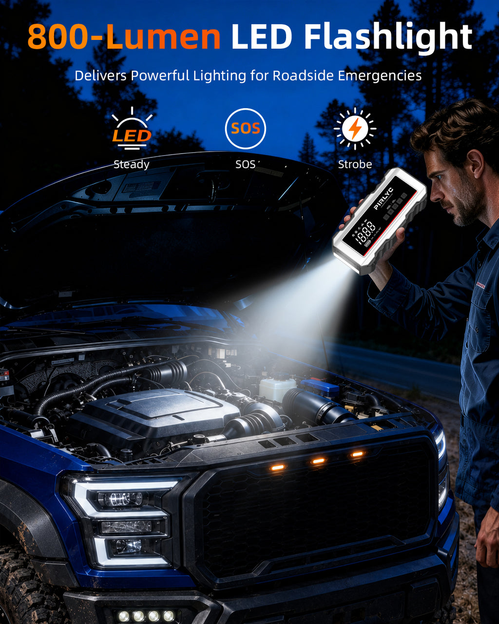 8000A Portable Car Battery Jump Starter with Air Compressor, 160 PSI | 12V Jump Box for All Gas/12L Diesel, Force Start, Auto Shut-Off Tire Inflator, 65W PD Fast Charging, 800-Lumen LED Flashlight