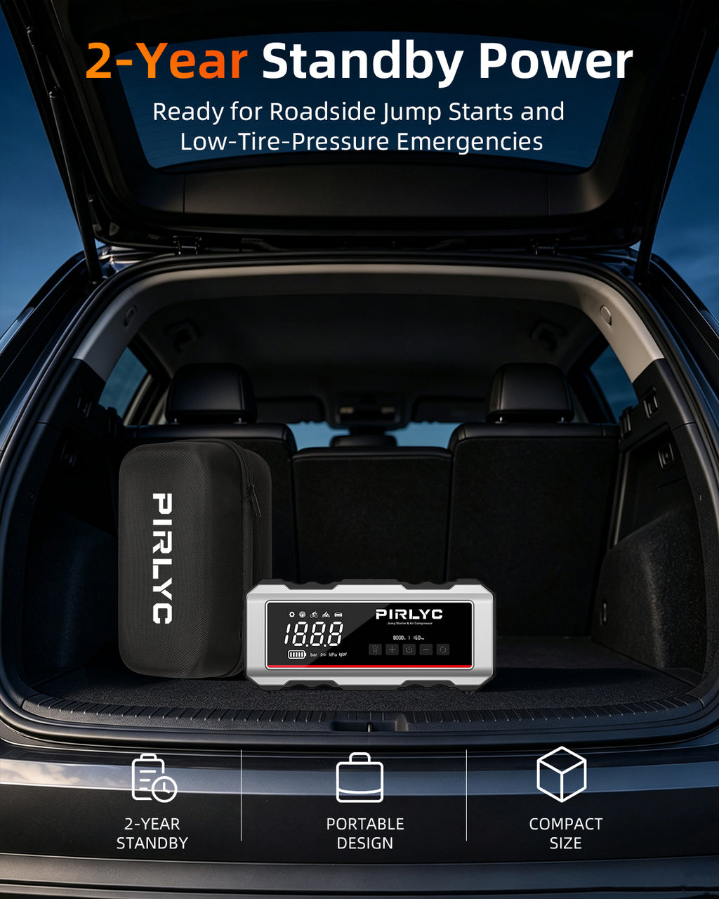 8000A Portable Car Battery Jump Starter with Air Compressor, 160 PSI | 12V Jump Box for All Gas/12L Diesel, Force Start, Auto Shut-Off Tire Inflator, 65W PD Fast Charging, 800-Lumen LED Flashlight