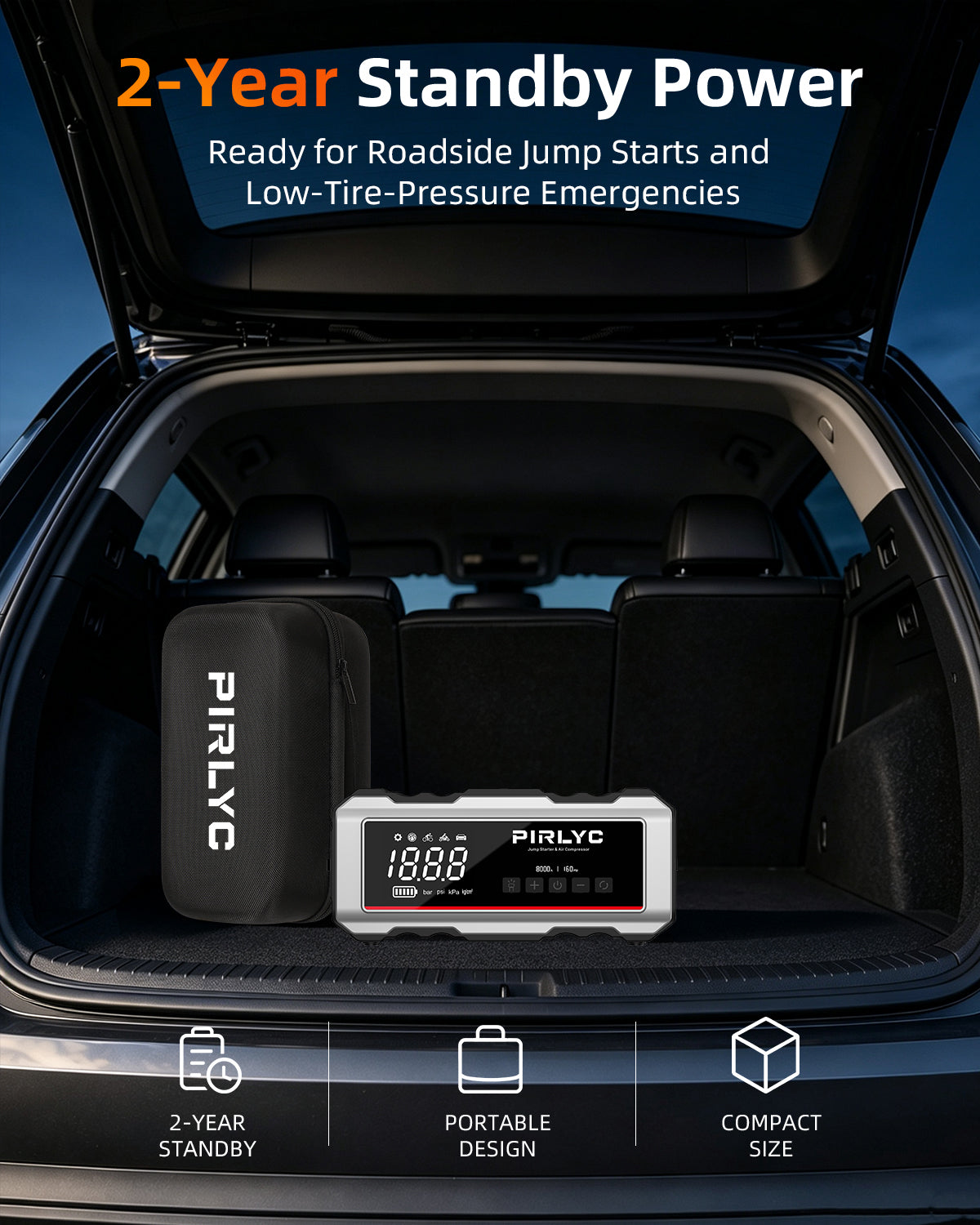 8000A Portable Car Battery Jump Starter with Air Compressor, 160 PSI | 12V Jump Box for All Gas/12L Diesel, Force Start, Auto Shut-Off Tire Inflator, 65W PD Fast Charging, 800-Lumen LED Flashlight